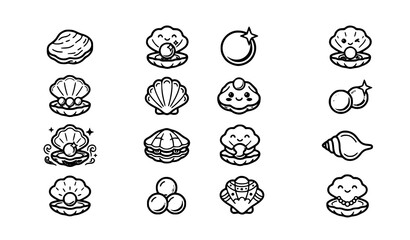 Fototapeta premium Cute Black and White Oyster and Pearl Icon Collection with Hand Drawn Shell Illustrations Isolated on White Background