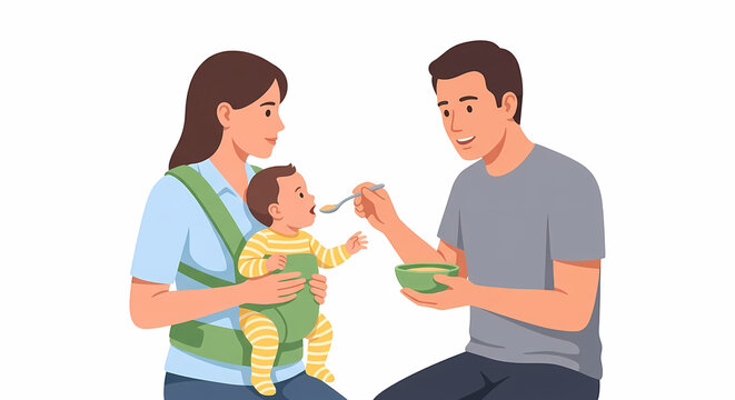 Fs vector illustration showing a father spoon-feeding an infant while the mother holds the child in a green ergonomic baby carrier. Detailed scene of family mealtime and parenting.