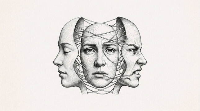 &ldquo;Conceptual monochrome illustration of two opposing human profiles sharing a central face, symbolizing internal conflict, decision making, dual personality, and the complexity of human psychology.&rdquo;