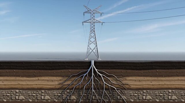 An illustration of a power transmission tower showing its underground root structure and surrounding landscape