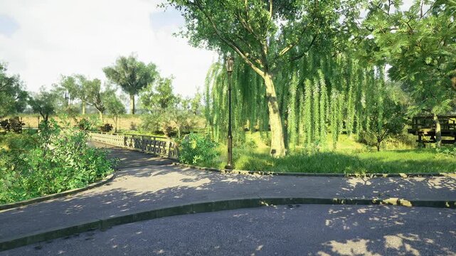 Sunlit park path under willow, curved paved surface bordered by low curb, dappled sunlight filtering through hanging branches, lush hedges and open lawn, serene