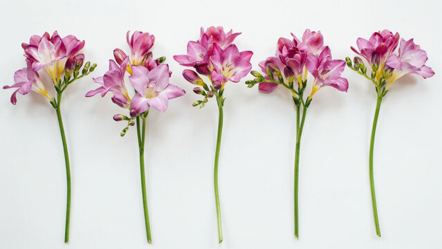 Row of fresh pink freesia flowers on plain white background flat lay