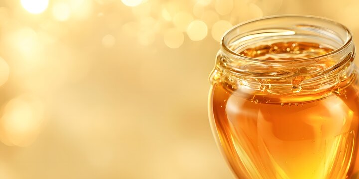 Glass jar filled with fresh organic golden honey set against a warm glowing bokeh light background. Ideal for food, wellness, and healthy lifestyle concepts.