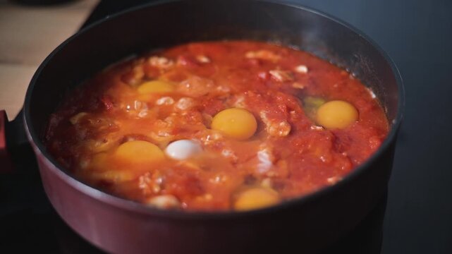 In a kitchen, eggs are being cooked in a bubbling tomato sauce in a frying pan. The activity shows a simple culinary method that showcases home cooking