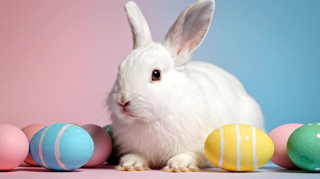 White domestic rabbit sitting behind a row of hand-painted pastel Easter eggs including yellow striped and blue varieties on a dual-tone pink and blue studio background.