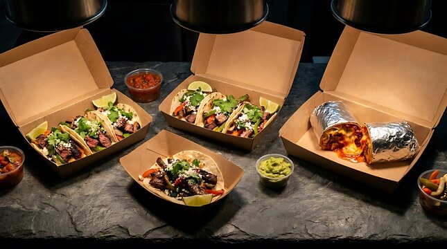 Delicious mexican tacos and burrito in cardboard takeaway boxes arranged on a dark stone table for a food delivery service or restaurant menu. mexican food boxes