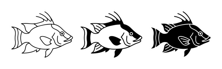 Fototapeta premium Three Stylized Fish Icons: Outline, Silhouette, and Spot Pattern Vector Set
