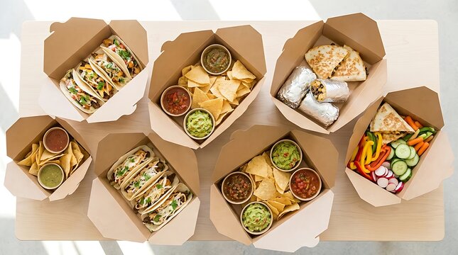 Top view of various mexican food dishes served in brown cardboard takeaway boxes for delivery and catering service on a light gray surface. mexican food boxes
 
