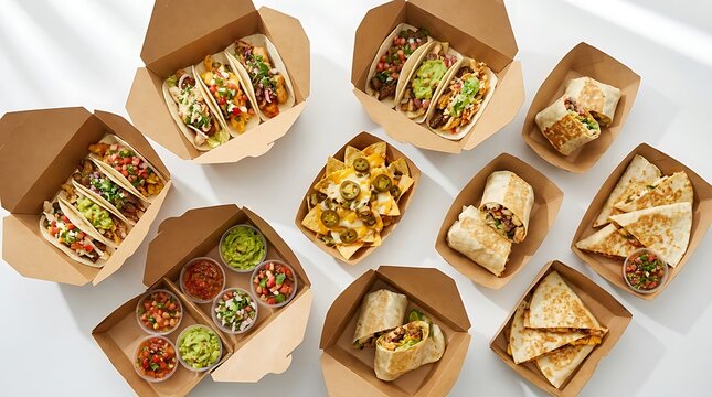 Top view of delicious mexican food assortment including tacos burritos nachos and quesadillas served in eco friendly cardboard takeout boxes. mexican food boxes