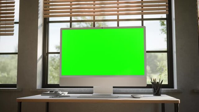 Desktop All in One Computer Green Screen Mockup in Bright Modern Office - Orbit