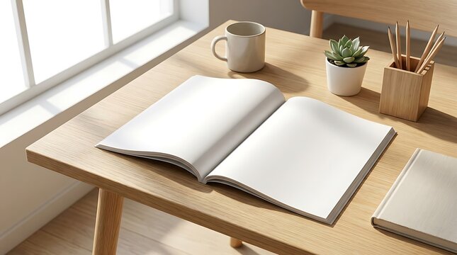 Open notebook with blank pages on a wooden desk with a coffee mug and a small plant by a bright sunny window in a modern home office space. magazine mockup psd