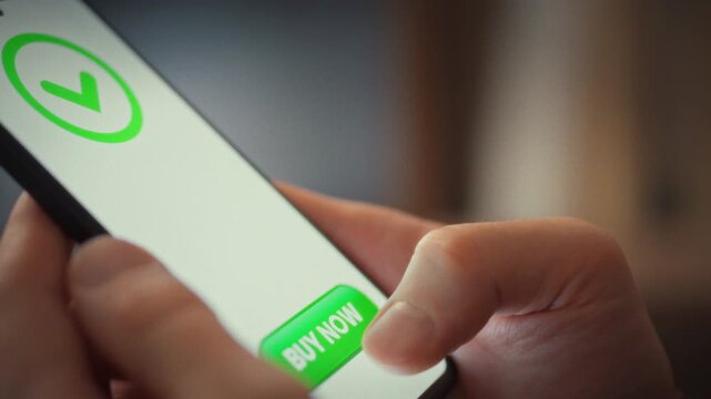 During an online purchase, a man clicks the pay-now button, waits for the transaction, then sees a payment successful confirmation, illustrating the convenience of modern online stores