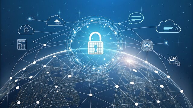 Global cybersecurity concept with digital lock. Secure internet data protection technology.