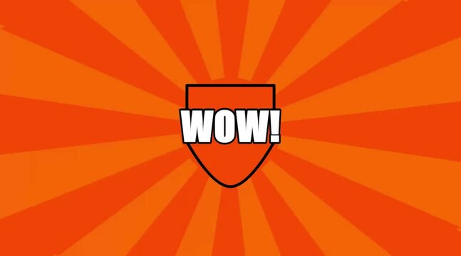 Colorful comic book explosion burst, badge with WOW text and dynamic sunburst background. Retro pop art animation