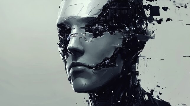 Abstract digital portrait of a human face fragmented into robotic components, symbolizing artificial intelligence, technology, and the future of humanity&rsquo;s evolution