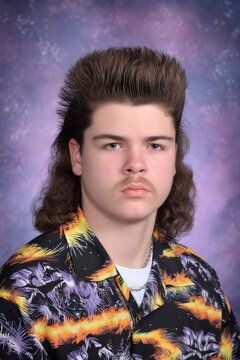 people of ai, yearbook photography of a person with tall dark-brown pompadour mullet, serious neutral expression, wearing black tropical shirt, 1980s portrait violet, photorealistic
