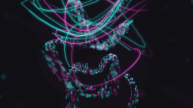 Abstract neon glowing light lines forming a complex tangled structure on a dark background