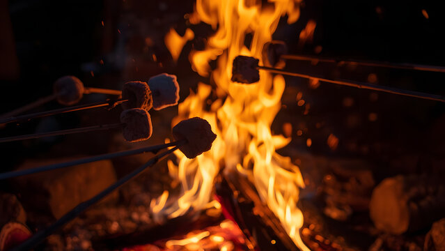 Roasting Marshmallows Over Campfire Flames at Night