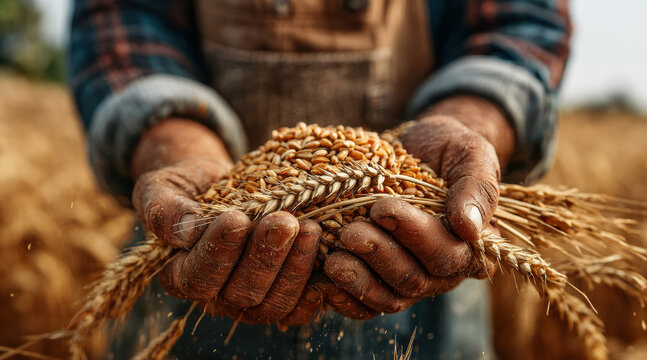Close-up of farmer's hands holding fresh harvested wheat grains and wheat ears in golden field during harvest