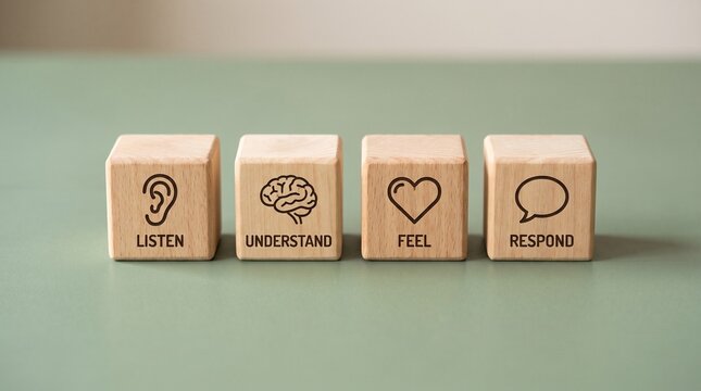Four wooden cubes with engraved icons for listen, understand, feel, and respond, representing effective communication skills.