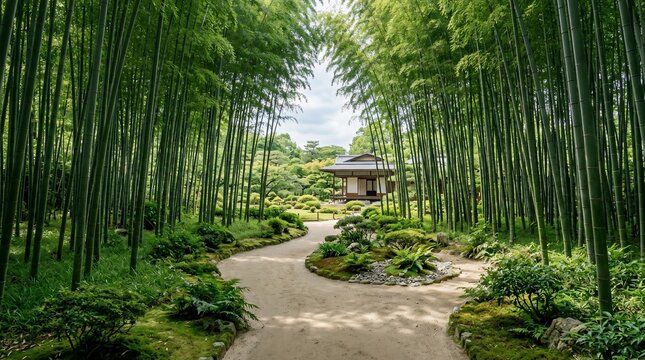 Traditional Japanese house in a lush bamboo forest garden