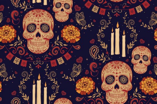 Seamless pattern for day of the dead featuring decorated sugar skulls, marigold flowers, burning candles, butterflies, and festive banners