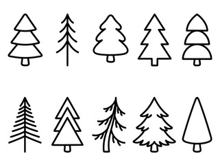 Obraz premium Hand drawn fir tree outline icon set, minimalist black monoline pine spruce forest symbols, vector doodle collection