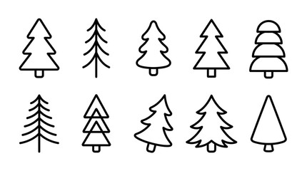 Obraz premium Fir tree outline icons set, hand drawn minimalist pine and spruce doodle, monoline vector illustration