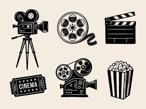 Vintage cinema icons, movie camera, film reel, clapperboard, projector, popcorn, ticket, linocut woodblock vector