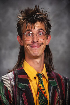 people of ai, yearbook photography of a person with wild spiky dark-brown mullet, wide-eyed goofy smile, wearing black-red striped suit, 1980s portrait black, photorealistic