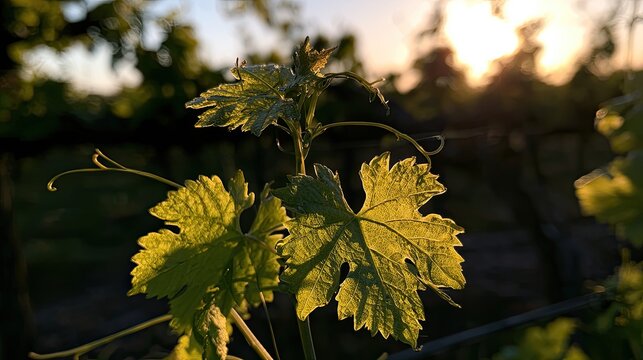 Golden hour sunlight illuminates tender new leaves of a grapevine