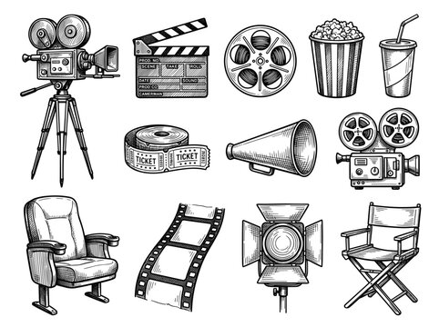 Movie cinema icon set, hand drawn vintage film equipment sketch, isolated black ink vector illustration