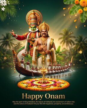 Happy onam festival poster with floral Pookalam brass lamp festival celebration with Hindu