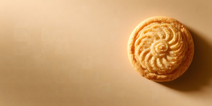 Delicious golden swirl butter cookie on a warm beige surface with soft lighting and ample copy space for text. Ideal for bakery, sweet snack, and dessert concepts.