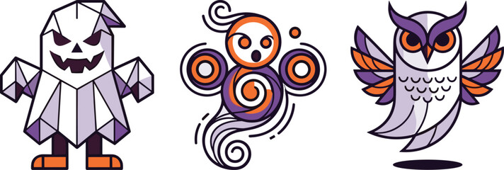 Naklejka premium Halloween Character Vector Set Featuring Ghost, Owl and Abstract Swirl Mascot Illustration