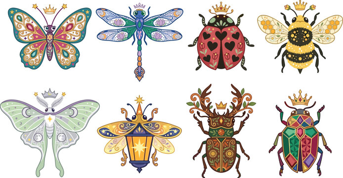Decorative royal insects collection with butterflies bees beetles dragonflies and moths vector illustration