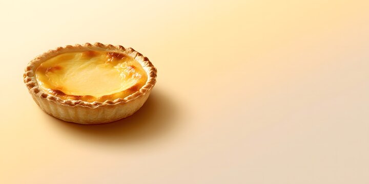Freshly baked egg tart with golden custard filling and crispy pastry crust placed on a clean background with copy space for dessert menu and bakery concept.