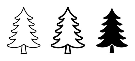 Obraz premium Three Stylized Evergreen Trees: Outline, Line Art, and Solid Silhouette Vector Icons for Winter and Nature Designs