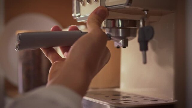 In a home kitchen, a barista's steady hand slides a coffee cone into a sleek, portable coffee machine, beginning the brew cycle and showcasing the ease of on-demand espresso preparation