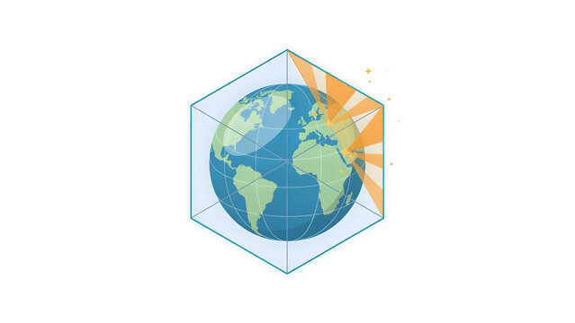 A stylized globe inside a geometric hexagon frame isolated on transparent background