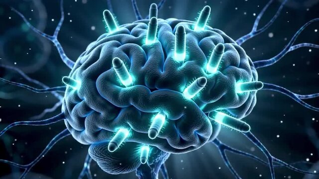Close-Up Neurology and Virology featuring Bullet-Shaped Rabies Virus Particles attacking Human Brain Neuron Cells