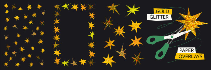 Obraz premium Glitter paper overlays set. Funny confetti trendy paper cut out frame overlay. Playful scattered gold stars isolated. Irregular shapes for fun collage and scrapbook, for social media posts and layouts