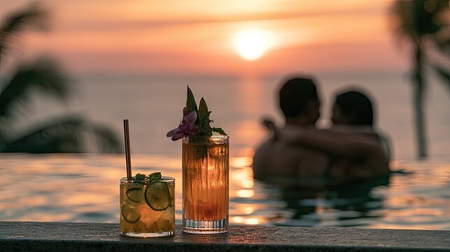 Romantic sunset poolside drinks for two with tropical backdrop