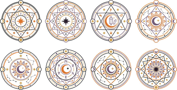 Mystical magic circle symbols collection with celestial astrology mandala vector design set