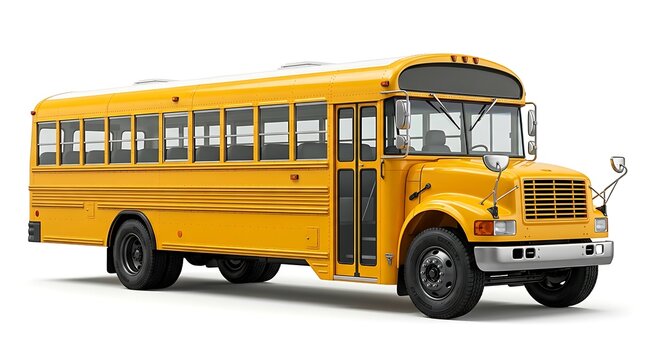 A bright yellow school bus parked on a clean white background