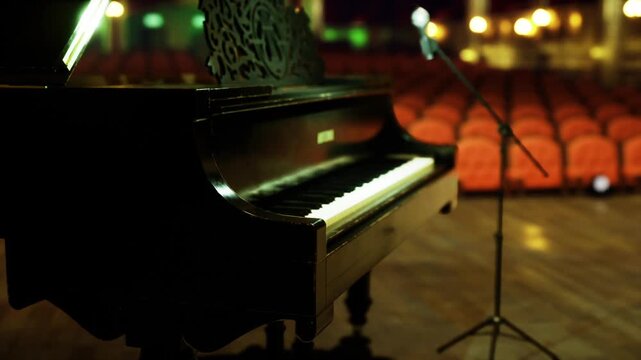 Closeup piano keys with empty seats, glossy black lacquer reflecting warm stage lights, microphone on stand, blurred red auditorium seating, soft bokeh