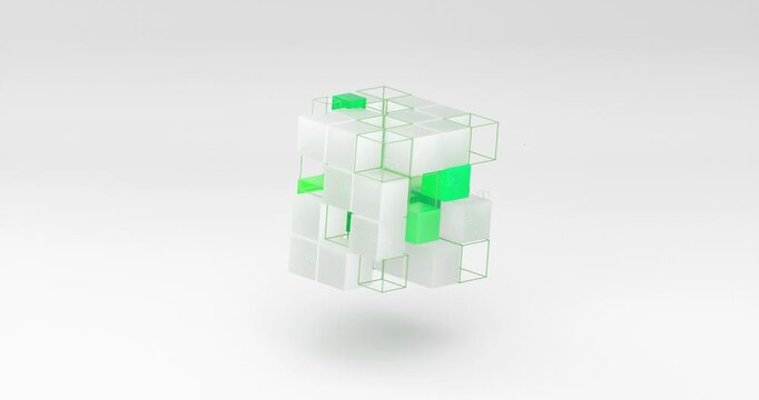 Abstract 3D green cubes and wireframe background for technology and AI concept. 4k seamless loop animation.
