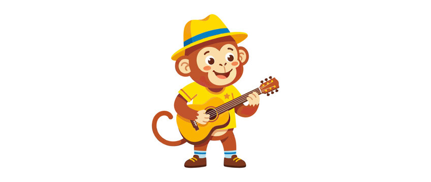 Cartoon Monkey Playing Guitar Wearing Hat