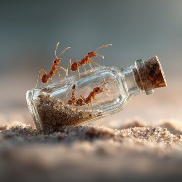 Ants cooperating to move a heavy glass bottle, collective intelligence theme, macro shot, earthy tones