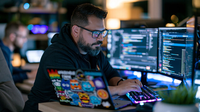 Open source software contributor in home office surrounded by monitor stack, pull-request review open on primary screen, community collaboration channel active on secondary, late-night developer env